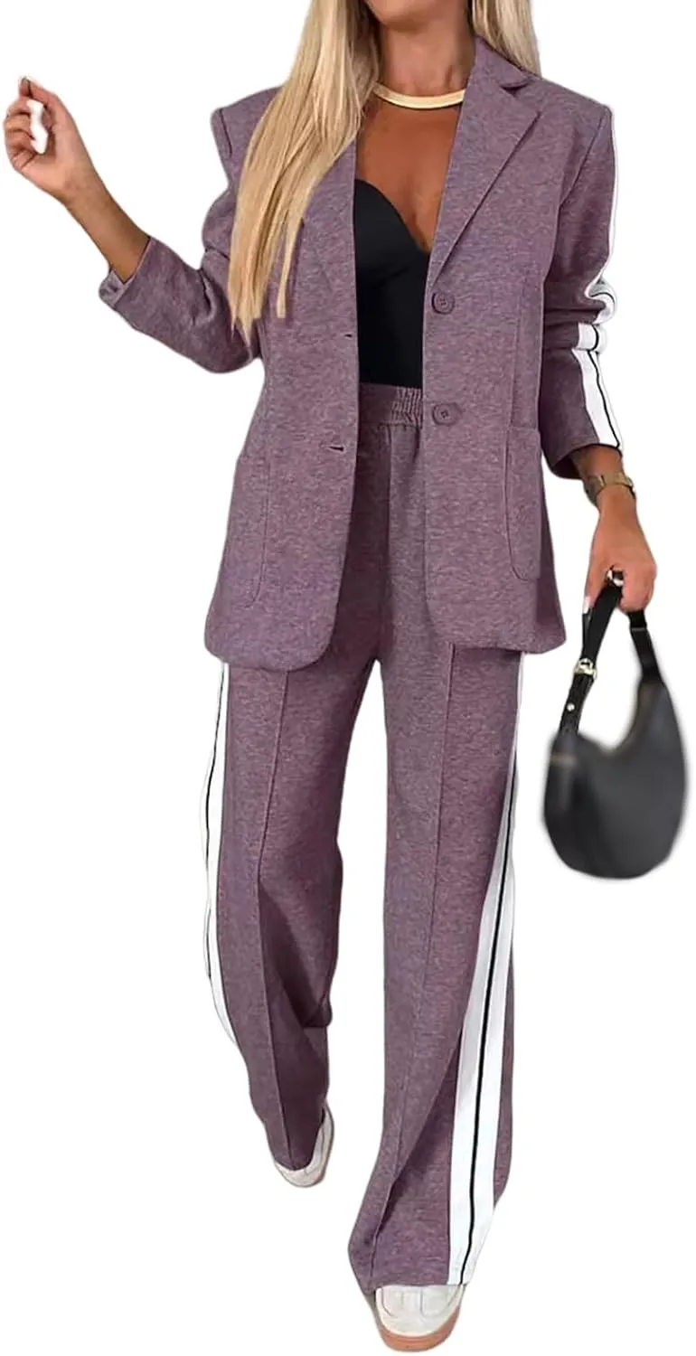 2 Piece Blazer Outfits for Women Comfy Oversized Jacket Wide Leg Pants Suits Notch Lapel Casual Business Dressy Sets