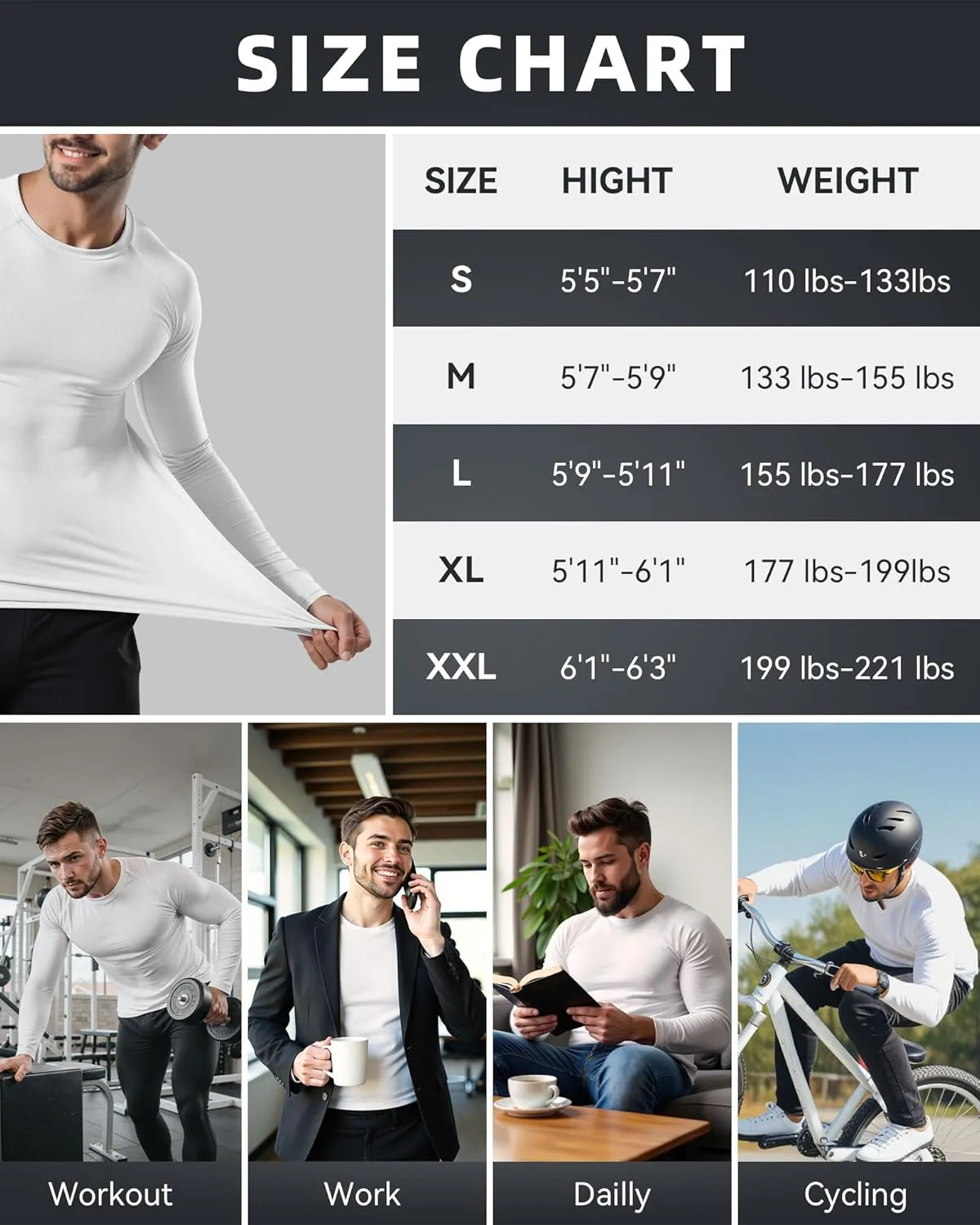 3 Pack Men's Compression Shirts Long Sleeve Athletic Base Layer Running Top UV Sun Protection Outdoor Work Out Shirts Black S