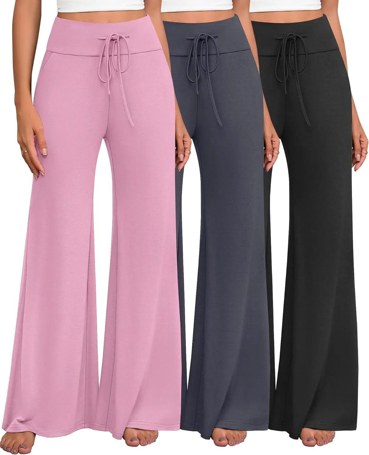 3 Pack Women's Wide Leg Pants Casual High Waist Flare Trousers Lounge Palazzo Yoga Sweatpants with Pockets