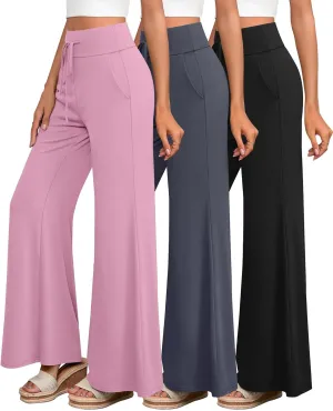 3 Pack Women's Wide Leg Pants Casual High Waist Flare Trousers Lounge Palazzo Yoga Sweatpants with Pockets