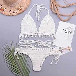 3pcs Bikini Set Woman Crochet Shell Tassel Bikini