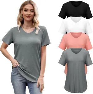 4 Pack Womens Tops Basic Summer V Neck T Shirts Short Sleeve Tshirts Shirts Casual Loose Fit Tops 2025 Trendy Clothes