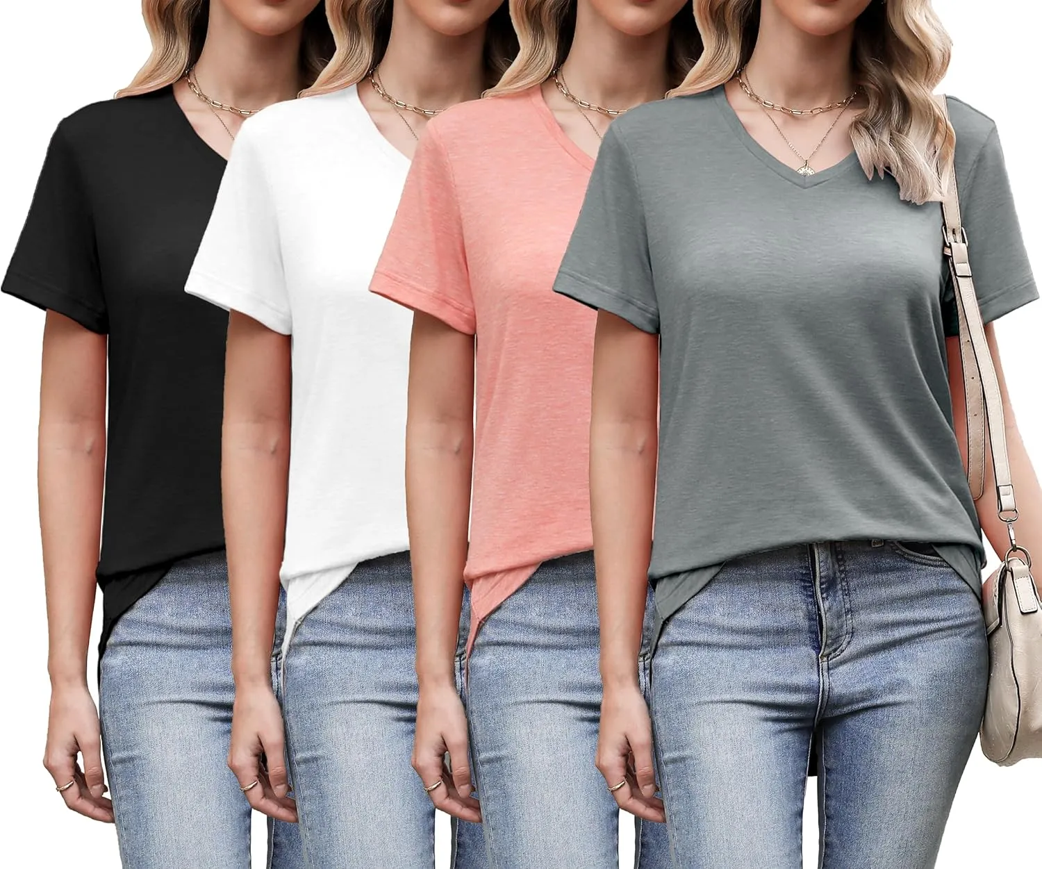 4 Pack Womens Tops Basic Summer V Neck T Shirts Short Sleeve Tshirts Shirts Casual Loose Fit Tops 2025 Trendy Clothes