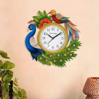 Aayog creations Wall Clock for Home Living Room Office Bedroom Decor Stylish Clocl(13�13inch Wood, New 2bird Blue Green Multi Golden D..)