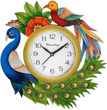 Aayog creations Wall Clock for Home Living Room Office Bedroom Decor Stylish Clocl(13�13inch Wood, New 2bird Blue Green Multi Golden D..)