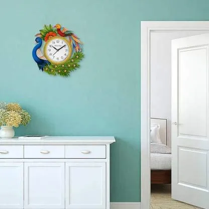 Aayog creations Wall Clock for Home Living Room Office Bedroom Decor Stylish Clocl(13�13inch Wood, New 2bird Blue Green Multi Golden D..)