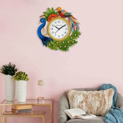 Aayog creations Wall Clock for Home Living Room Office Bedroom Decor Stylish Clocl(13�13inch Wood, New 2bird Blue Green Multi Golden D..)