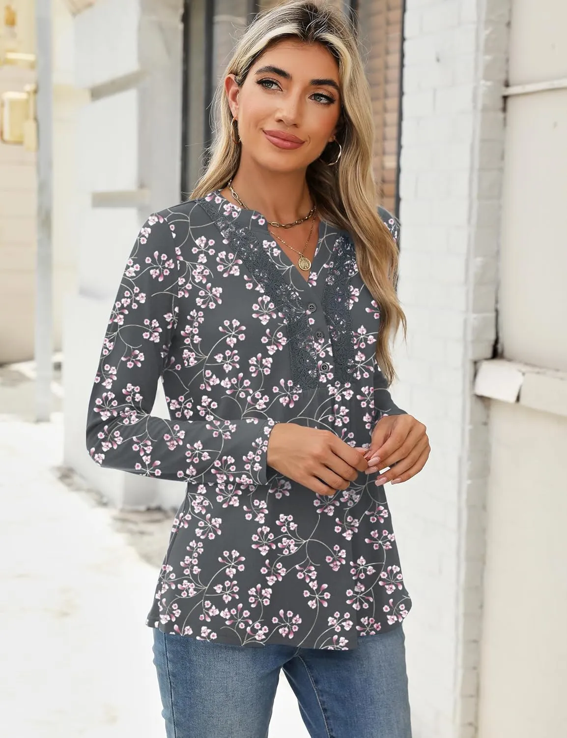 AKEWEI Womens Long Sleeve Tunic Tops Casual Pleated Henley Shirt Lace Crochet V-Neck Button Down Blouse