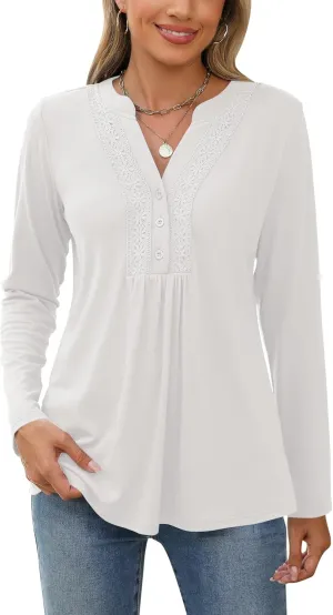 AKEWEI Womens Long Sleeve Tunic Tops Casual Pleated Henley Shirt Lace Crochet V-Neck Button Down Blouse