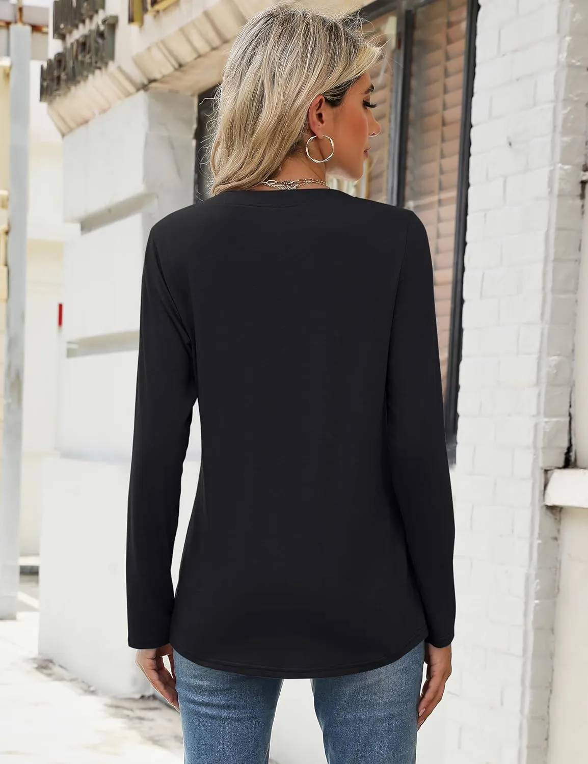 AKEWEI Womens Long Sleeve Tunic Tops Casual Pleated Henley Shirt Lace Crochet V-Neck Button Down Blouse