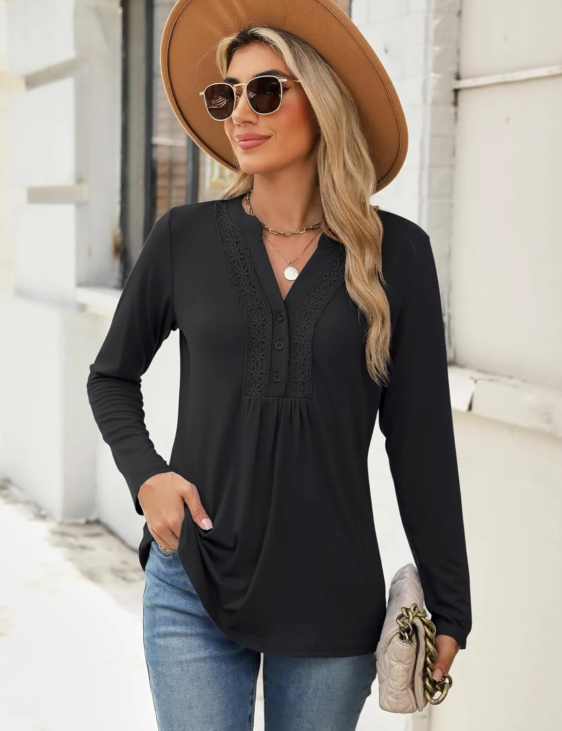 AKEWEI Womens Long Sleeve Tunic Tops Casual Pleated Henley Shirt Lace Crochet V-Neck Button Down Blouse
