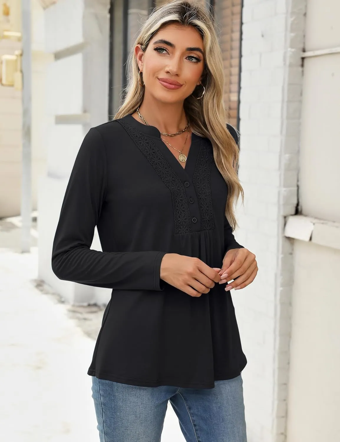 AKEWEI Womens Long Sleeve Tunic Tops Casual Pleated Henley Shirt Lace Crochet V-Neck Button Down Blouse