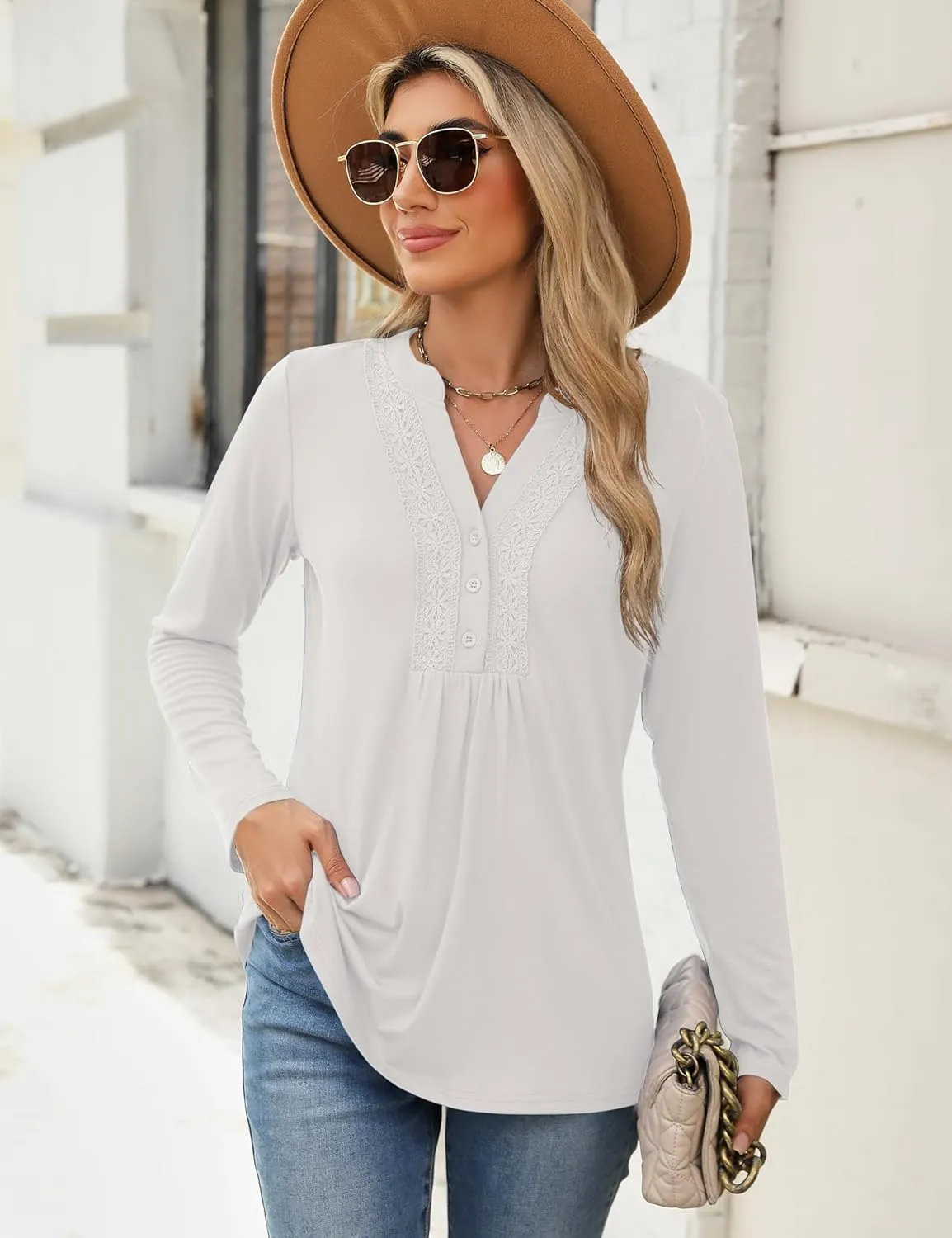 AKEWEI Womens Long Sleeve Tunic Tops Casual Pleated Henley Shirt Lace Crochet V-Neck Button Down Blouse