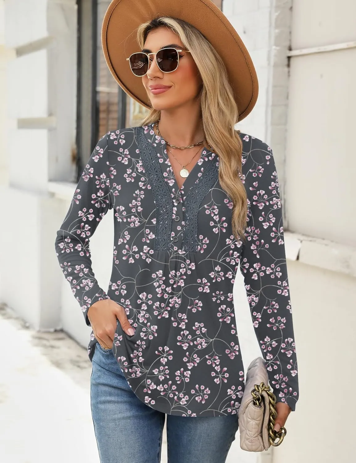 AKEWEI Womens Long Sleeve Tunic Tops Casual Pleated Henley Shirt Lace Crochet V-Neck Button Down Blouse