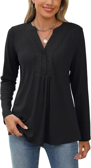 AKEWEI Womens Long Sleeve Tunic Tops Casual Pleated Henley Shirt Lace Crochet V-Neck Button Down Blouse