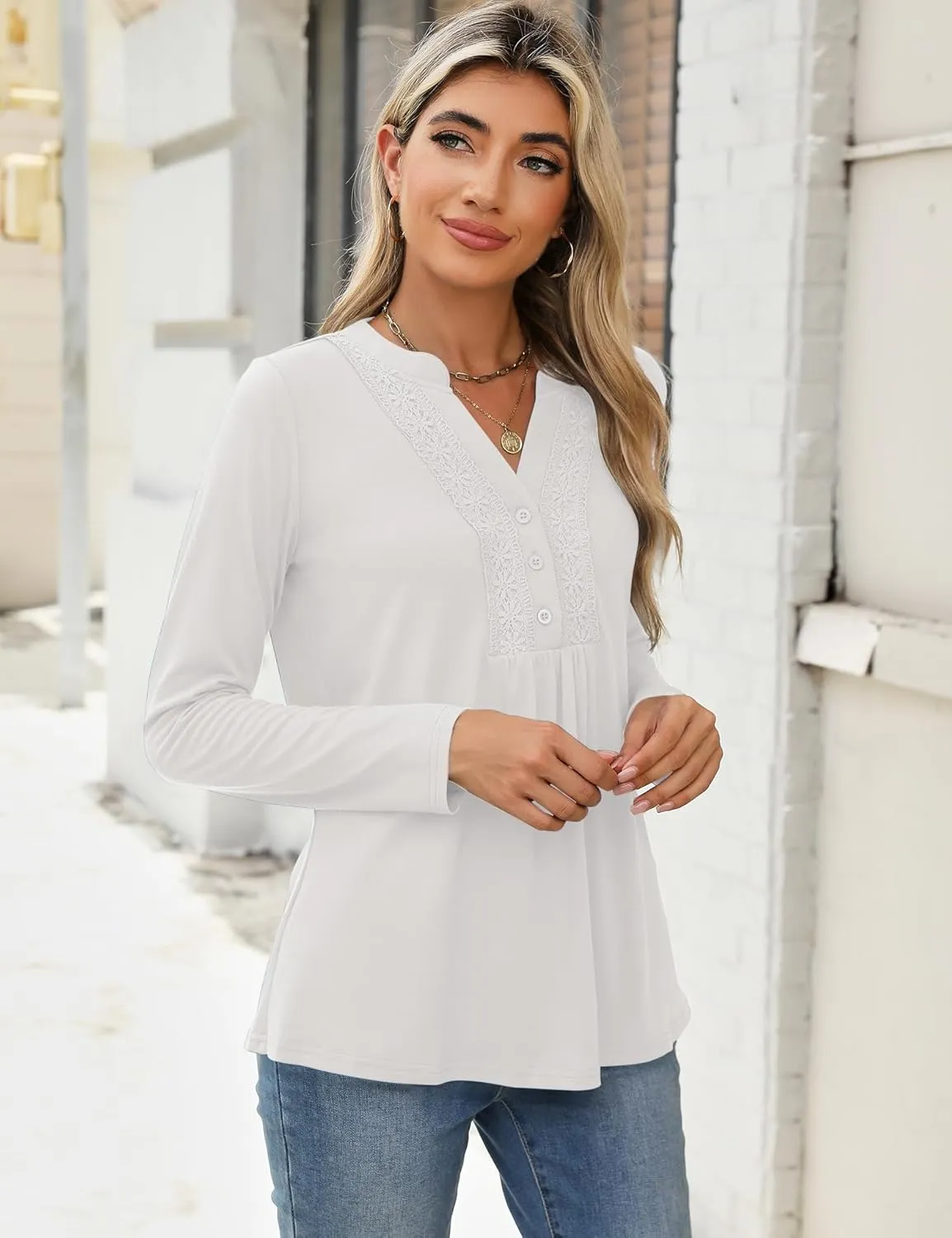 AKEWEI Womens Long Sleeve Tunic Tops Casual Pleated Henley Shirt Lace Crochet V-Neck Button Down Blouse