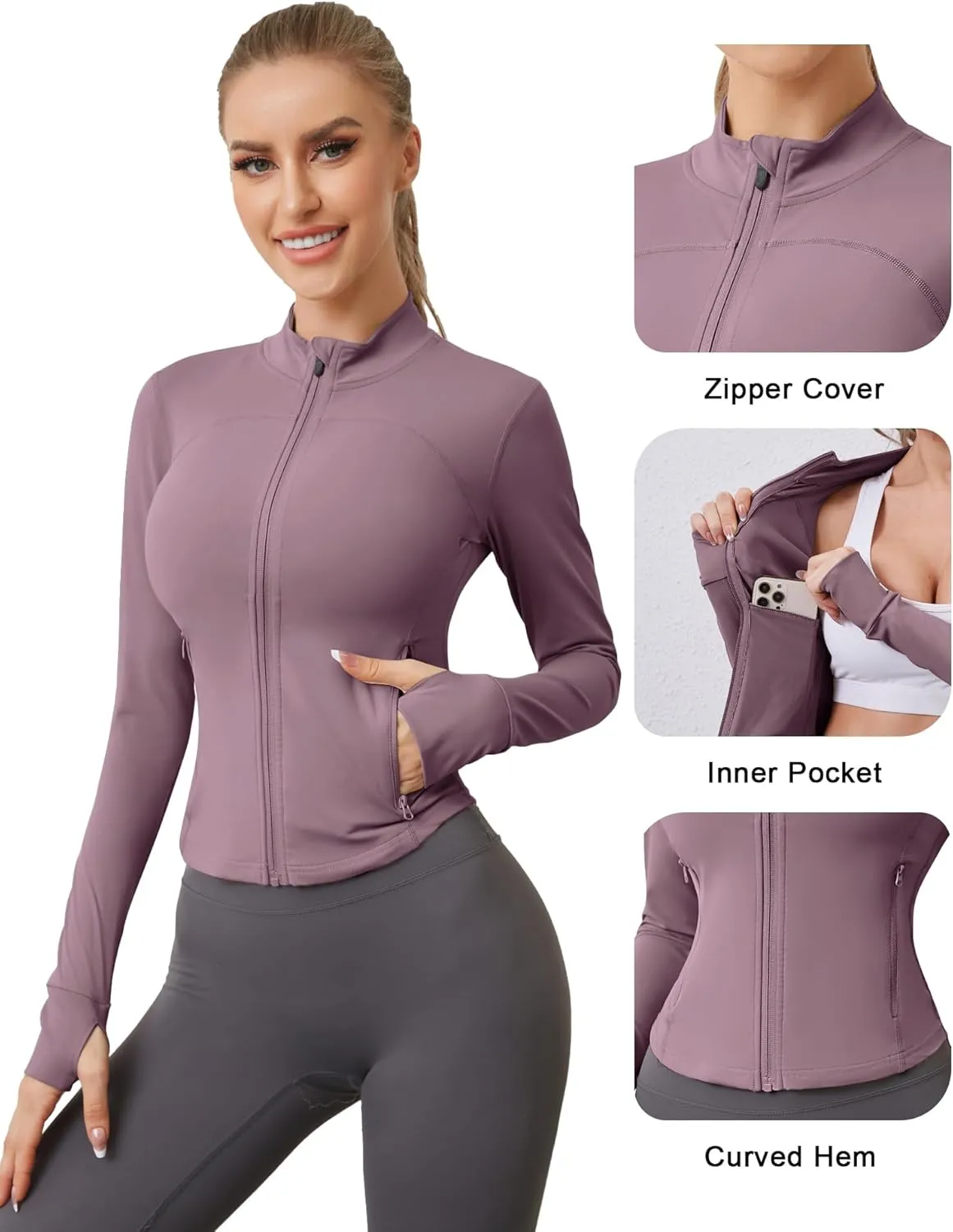 AKEWEI Womens Zip Up Workout Jackets Lightweight Athletic Slim Fit Track Jacket with Inner and Outer Pockets and Thumb Holes