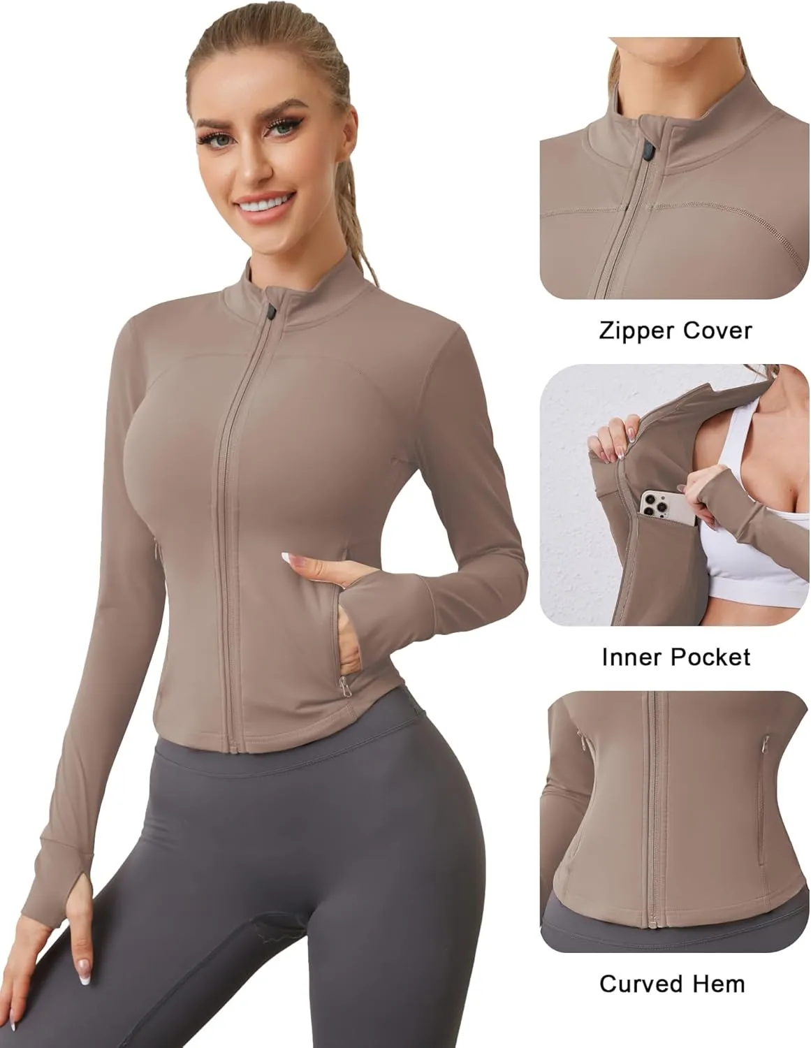 AKEWEI Womens Zip Up Workout Jackets Lightweight Athletic Slim Fit Track Jacket with Inner and Outer Pockets and Thumb Holes