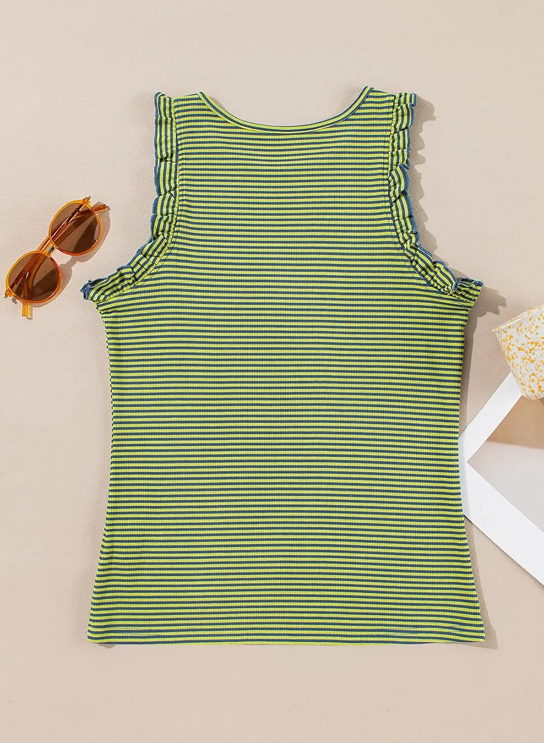 AlvaQ Womens Tank Tops 2024 Summer Casual Basic Striped Crewneck Ruffle Sleeveless Shirts