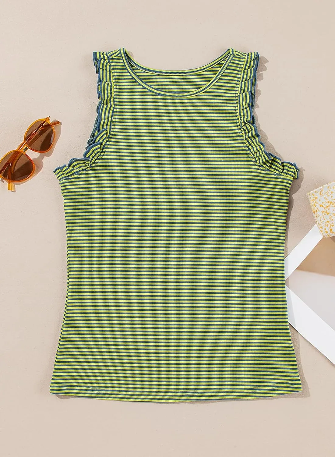 AlvaQ Womens Tank Tops 2024 Summer Casual Basic Striped Crewneck Ruffle Sleeveless Shirts