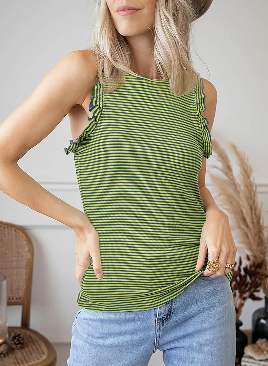 AlvaQ Womens Tank Tops 2024 Summer Casual Basic Striped Crewneck Ruffle Sleeveless Shirts