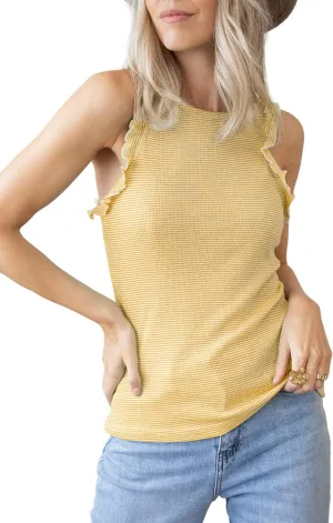 AlvaQ Womens Tank Tops 2024 Summer Casual Basic Striped Crewneck Ruffle Sleeveless Shirts