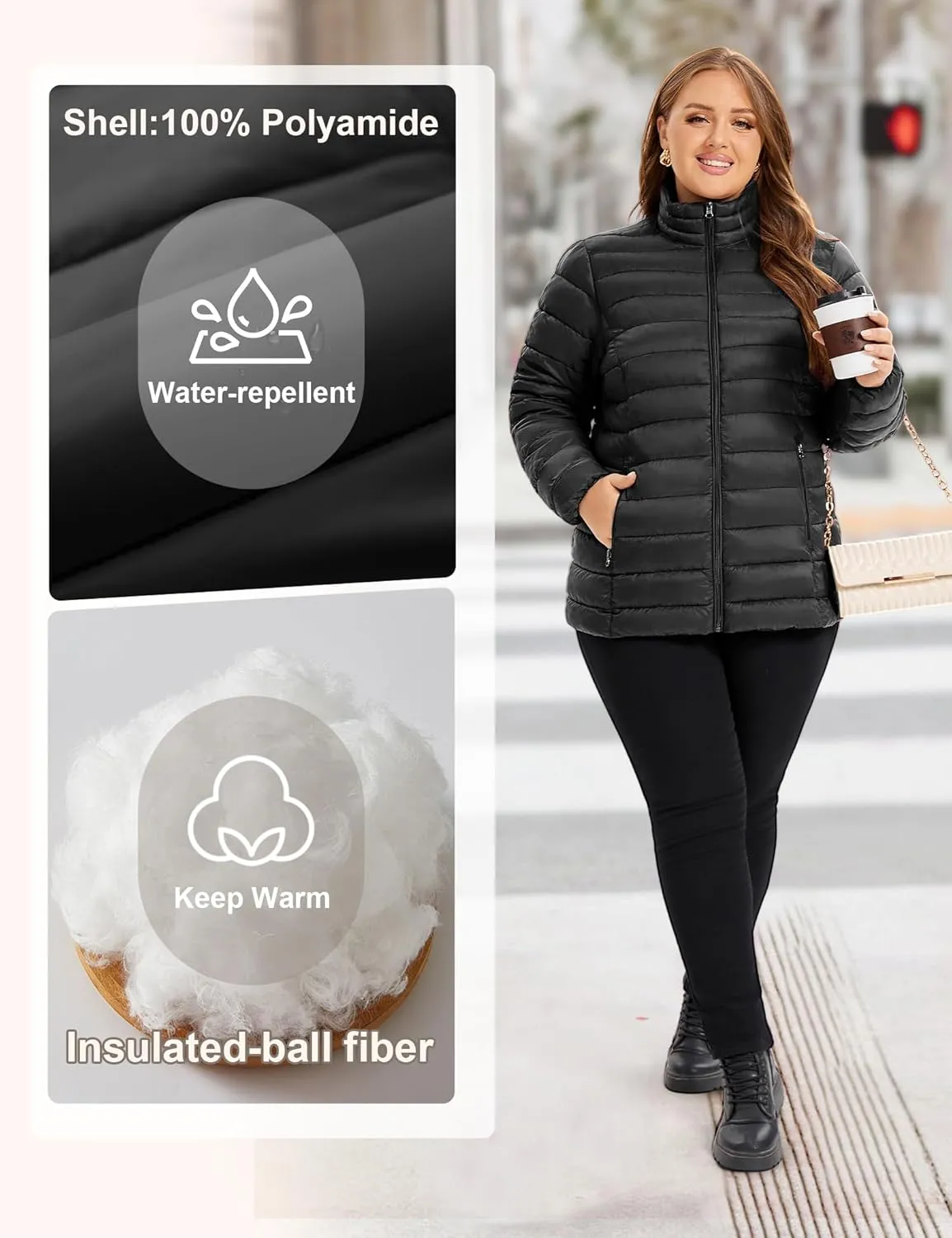 ANOTHER CHOICE Plus Size Puffer Jacket for Women, Lightweight Packable Stand Collar Winter Puffer Coat