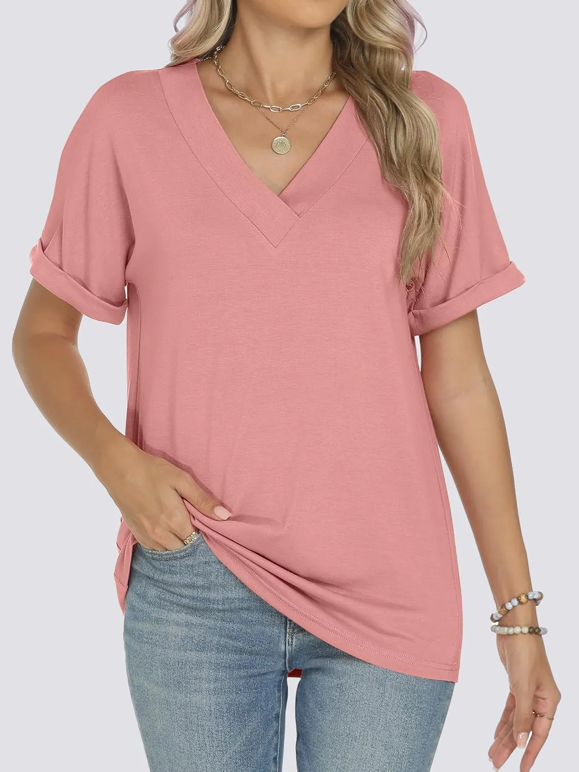 ANRABESS Womens T Shirts Short Sleeve V Neck Shirts Summer Loose Fit Dressy Tops Business Casual Blouses 2025 Basic Tees