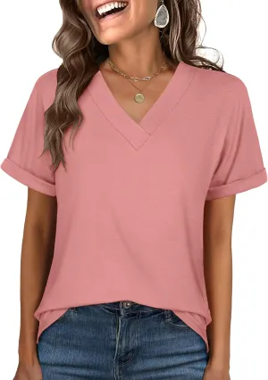ANRABESS Womens T Shirts Short Sleeve V Neck Shirts Summer Loose Fit Dressy Tops Business Casual Blouses 2025 Basic Tees