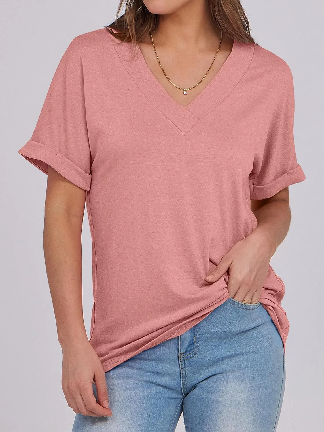 ANRABESS Womens T Shirts Short Sleeve V Neck Shirts Summer Loose Fit Dressy Tops Business Casual Blouses 2025 Basic Tees