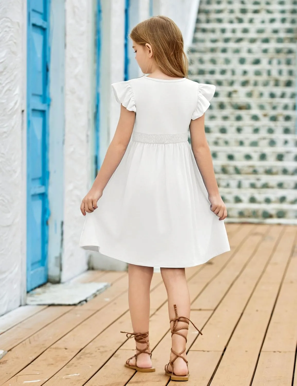 Arshiner Girls Dresses Ruffle Sleeve A-Line V-Neck Sundress Summer Swing Midi Dress with Pockets