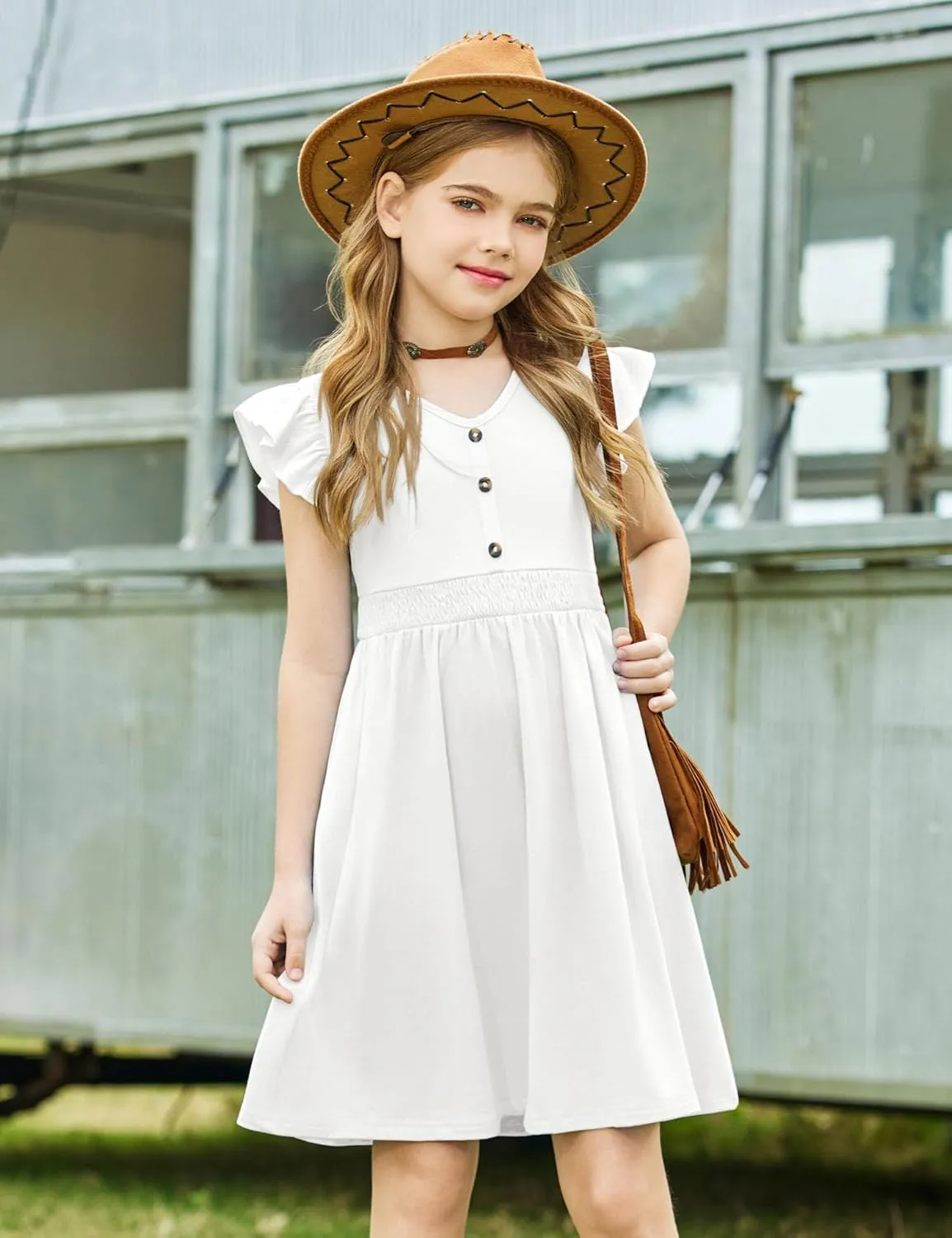 Arshiner Girls Dresses Ruffle Sleeve A-Line V-Neck Sundress Summer Swing Midi Dress with Pockets