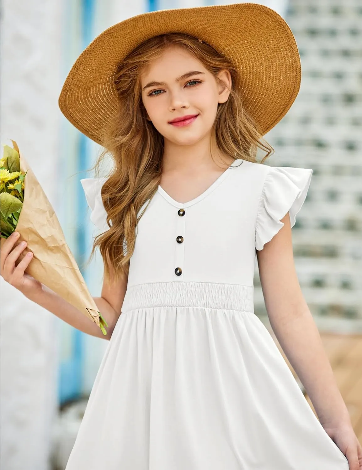 Arshiner Girls Dresses Ruffle Sleeve A-Line V-Neck Sundress Summer Swing Midi Dress with Pockets