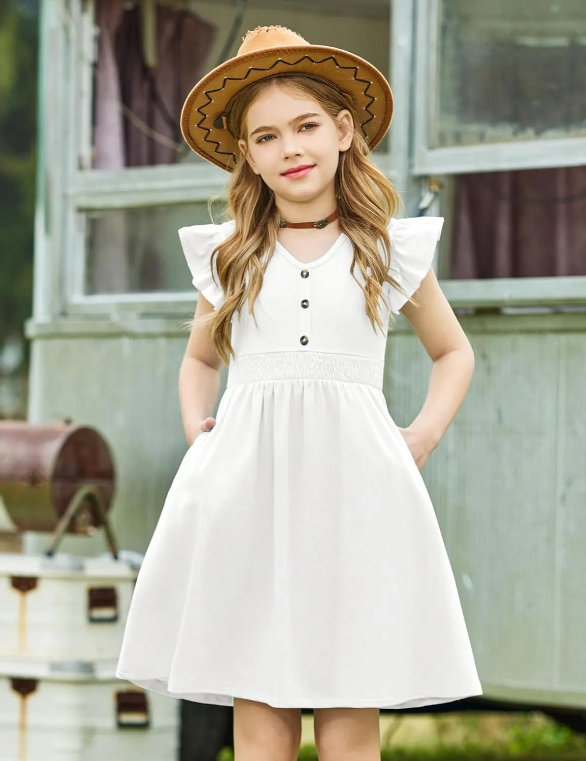 Arshiner Girls Dresses Ruffle Sleeve A-Line V-Neck Sundress Summer Swing Midi Dress with Pockets