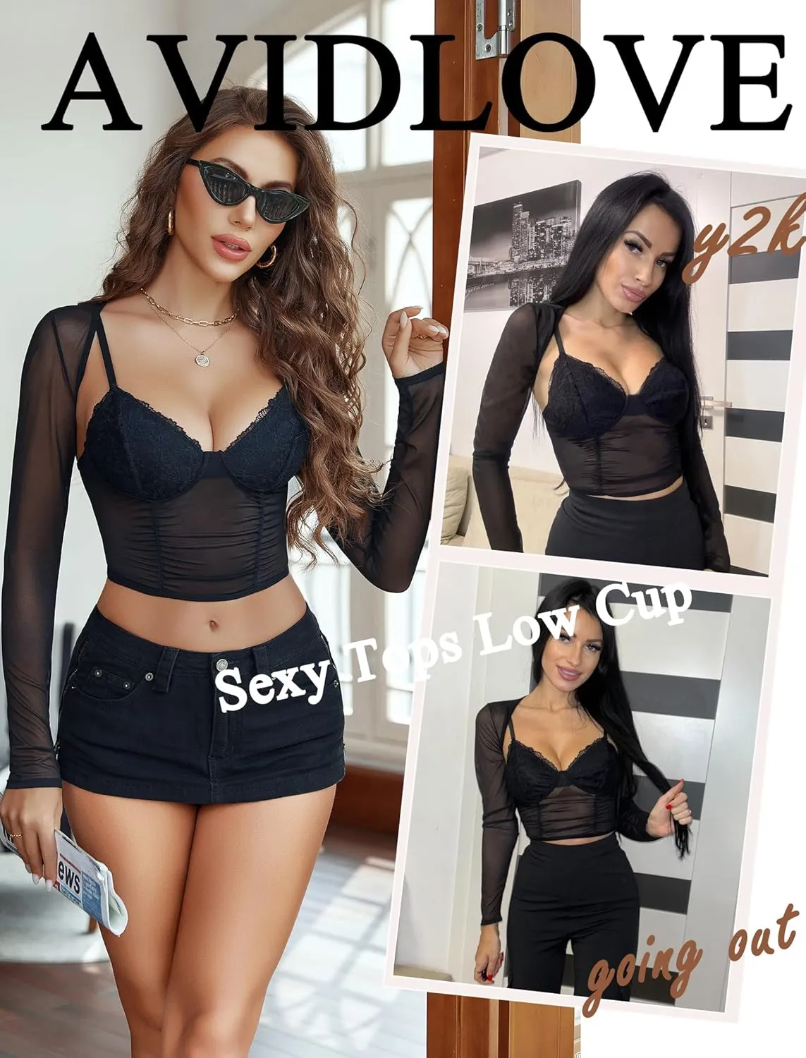Avidlove Mesh Cami Top with Shrug Long Sleeve Sheer Crop Tops Sexy Low Cut Camisole Going Out 2 Pieces Clubwear