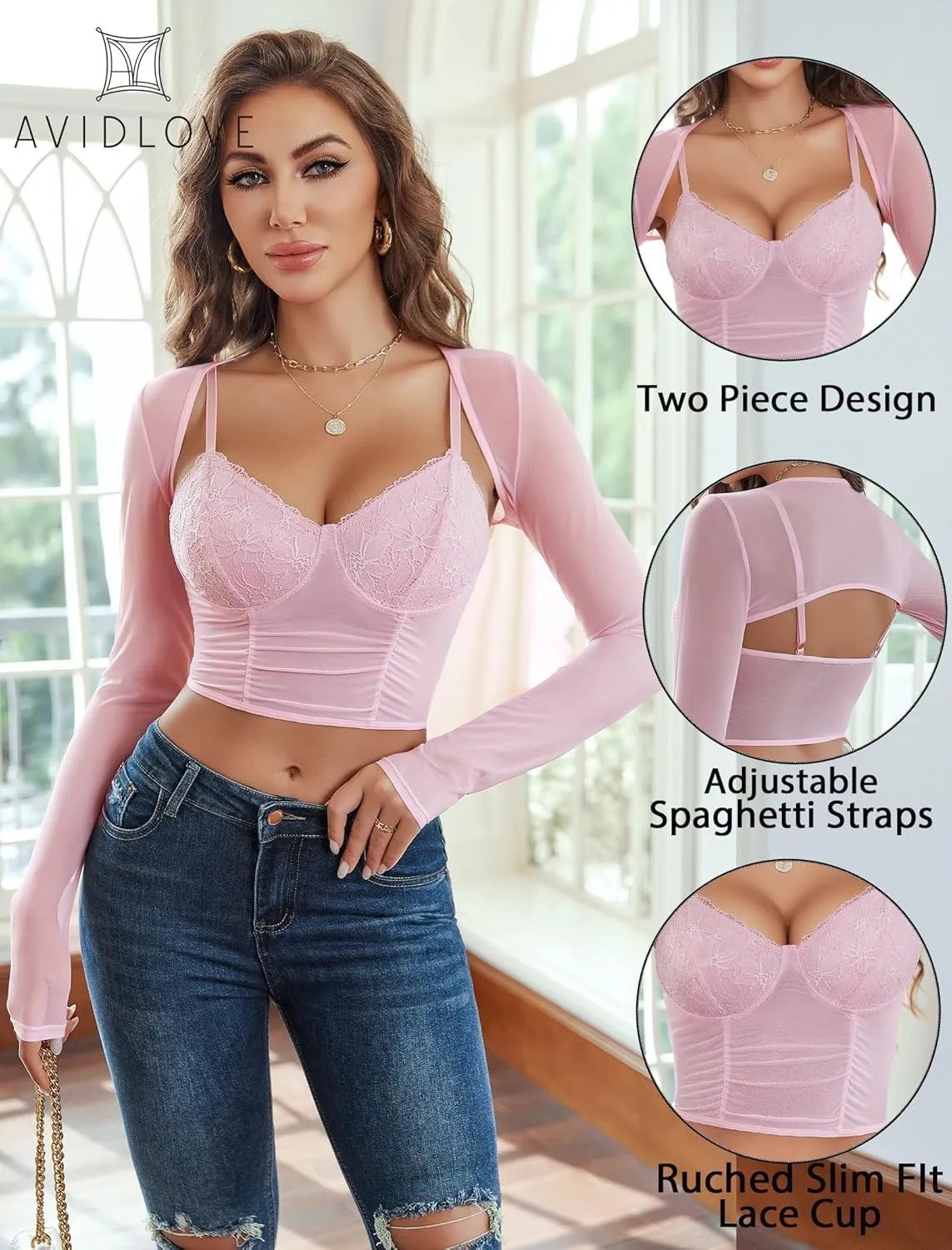 Avidlove Mesh Cami Top with Shrug Long Sleeve Sheer Crop Tops Sexy Low Cut Camisole Going Out 2 Pieces Clubwear