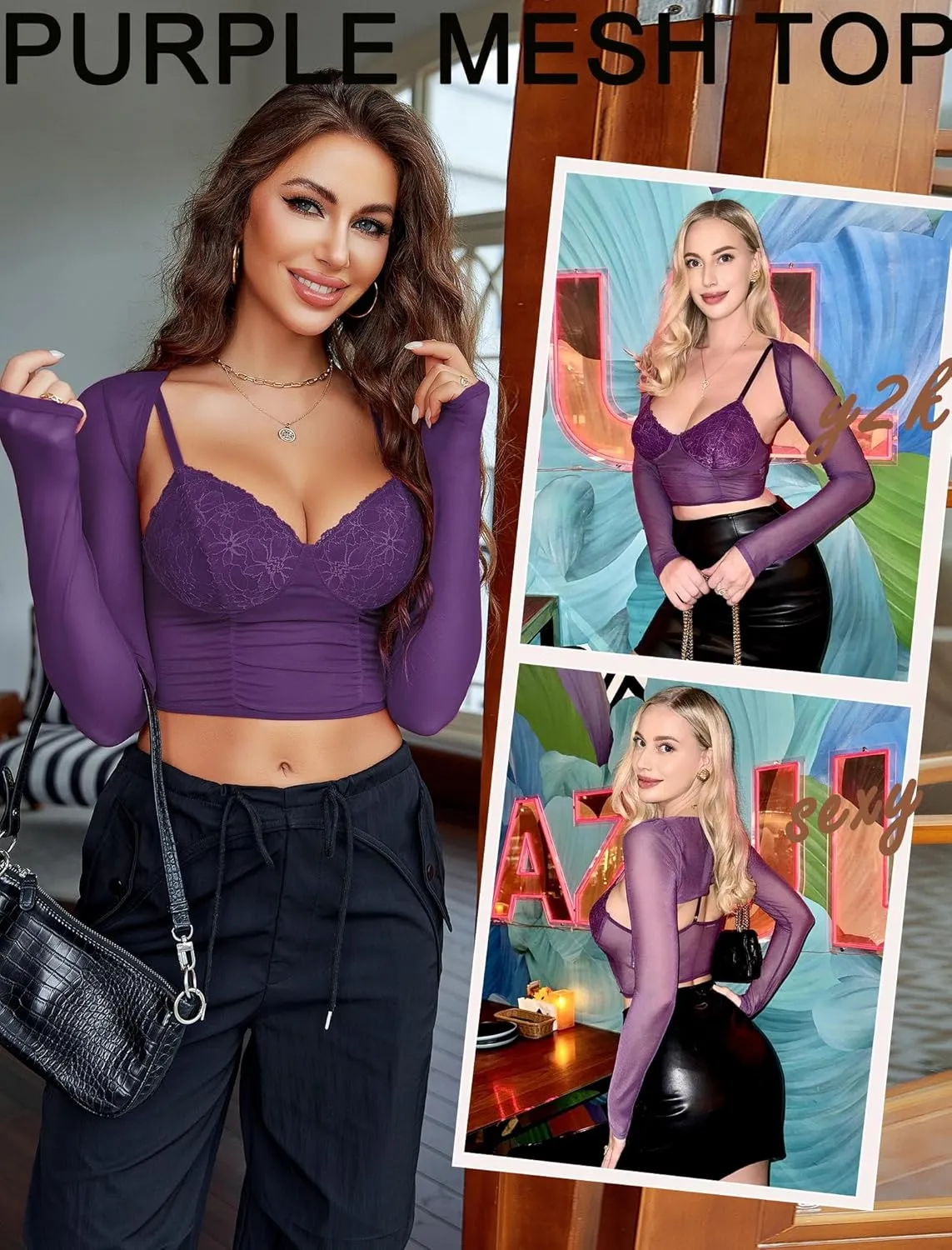 Avidlove Mesh Cami Top with Shrug Long Sleeve Sheer Crop Tops Sexy Low Cut Camisole Going Out 2 Pieces Clubwear