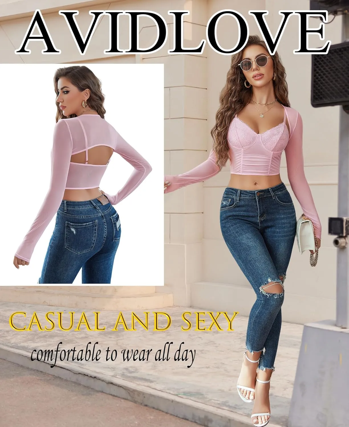 Avidlove Mesh Cami Top with Shrug Long Sleeve Sheer Crop Tops Sexy Low Cut Camisole Going Out 2 Pieces Clubwear