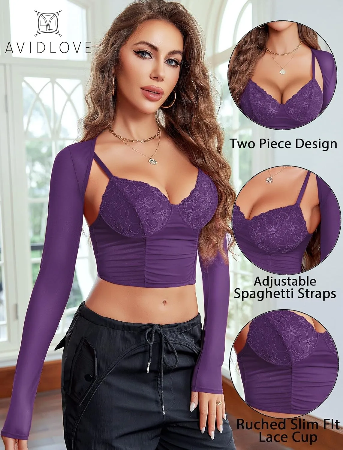 Avidlove Mesh Cami Top with Shrug Long Sleeve Sheer Crop Tops Sexy Low Cut Camisole Going Out 2 Pieces Clubwear