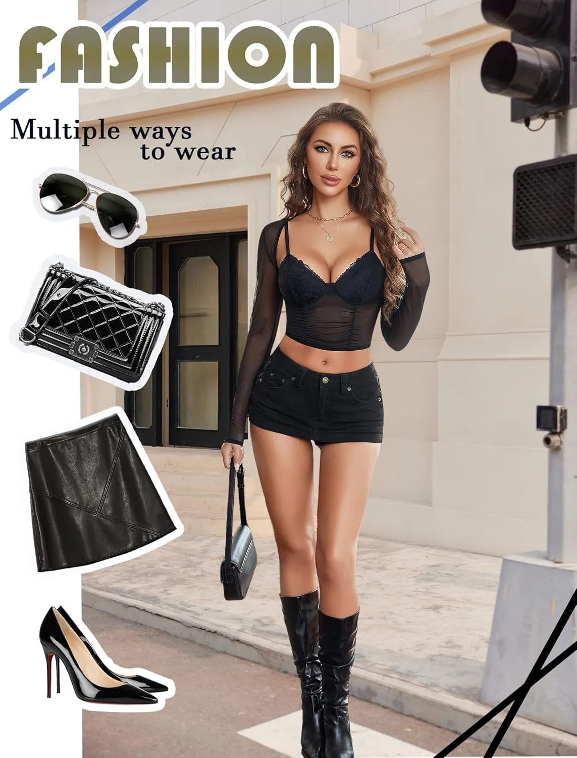 Avidlove Mesh Cami Top with Shrug Long Sleeve Sheer Crop Tops Sexy Low Cut Camisole Going Out 2 Pieces Clubwear