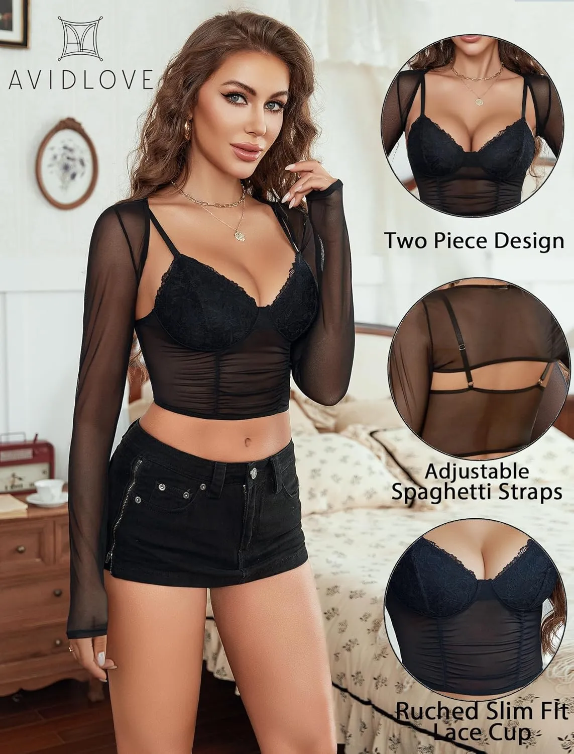 Avidlove Mesh Cami Top with Shrug Long Sleeve Sheer Crop Tops Sexy Low Cut Camisole Going Out 2 Pieces Clubwear