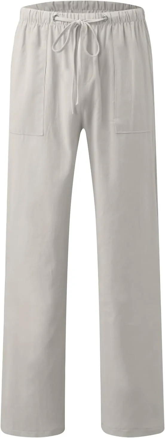 Aymnlox Mens Fall Casual Pants Cotton Linen Baggy Solid Trousers Big and Tall Straight Leg Sweatpants Drawstring Waist Pants