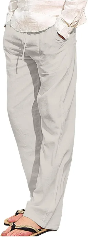 Aymnlox Mens Fall Casual Pants Cotton Linen Baggy Solid Trousers Big and Tall Straight Leg Sweatpants Drawstring Waist Pants