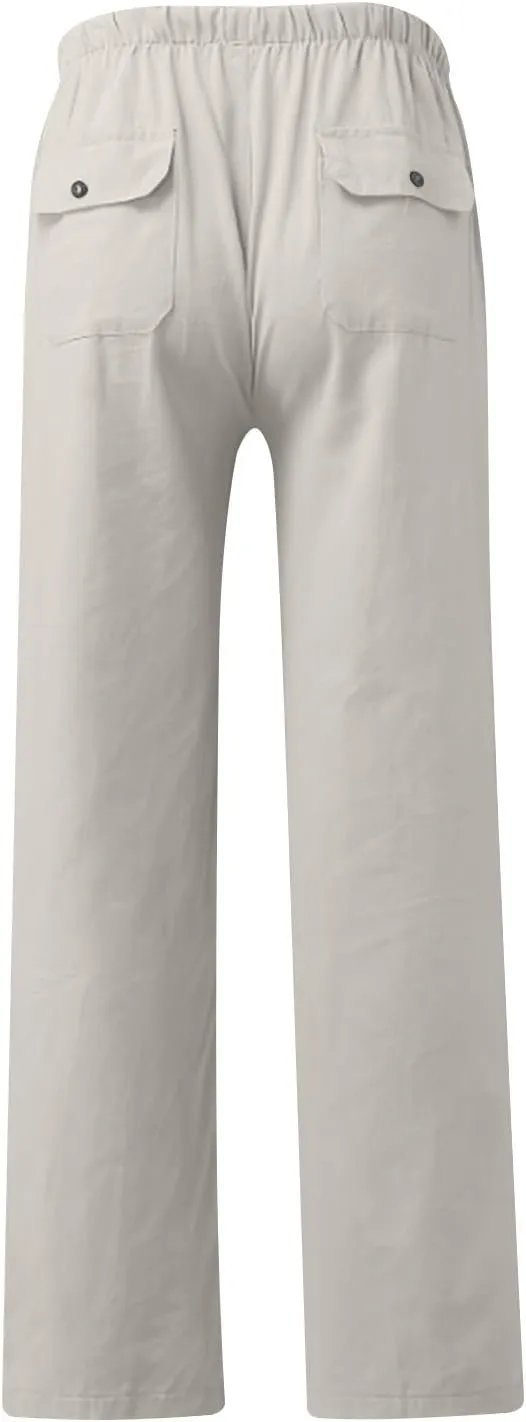 Aymnlox Mens Fall Casual Pants Cotton Linen Baggy Solid Trousers Big and Tall Straight Leg Sweatpants Drawstring Waist Pants