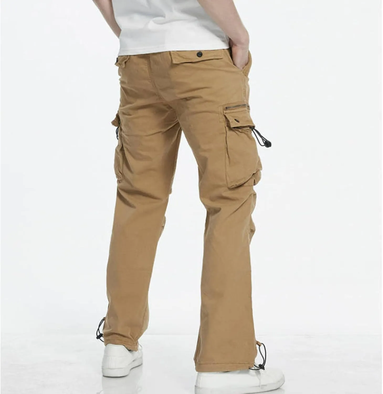 Aymnlox Mens Tapered Parachute Cargo Pants Solid Casual Slim Fit Cotton Sweatpants Elastic Waist Trouser with Flap Pockets