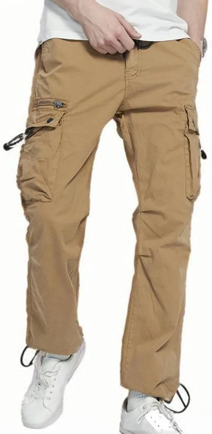 Aymnlox Mens Tapered Parachute Cargo Pants Solid Casual Slim Fit Cotton Sweatpants Elastic Waist Trouser with Flap Pockets