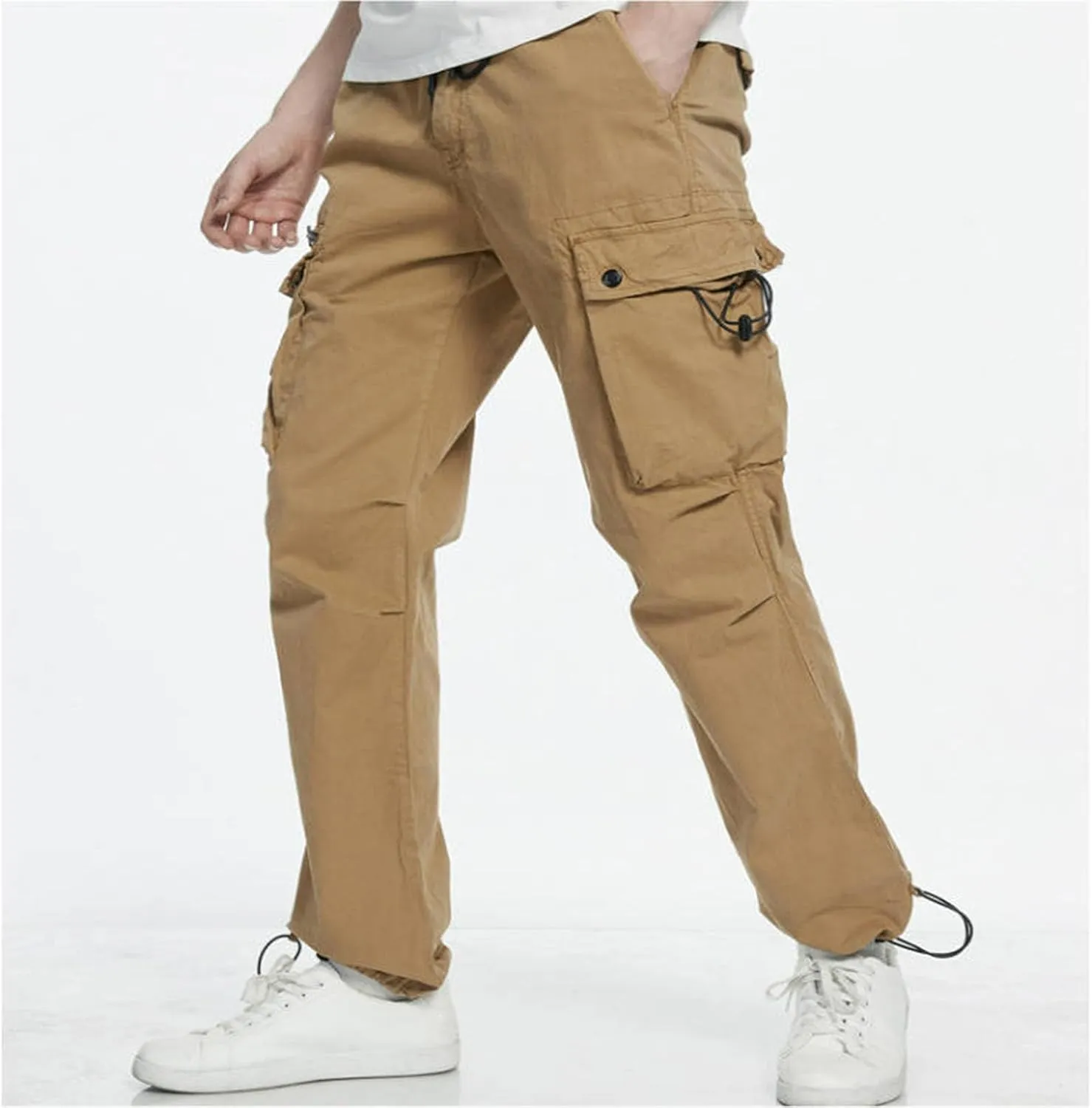 Aymnlox Mens Tapered Parachute Cargo Pants Solid Casual Slim Fit Cotton Sweatpants Elastic Waist Trouser with Flap Pockets