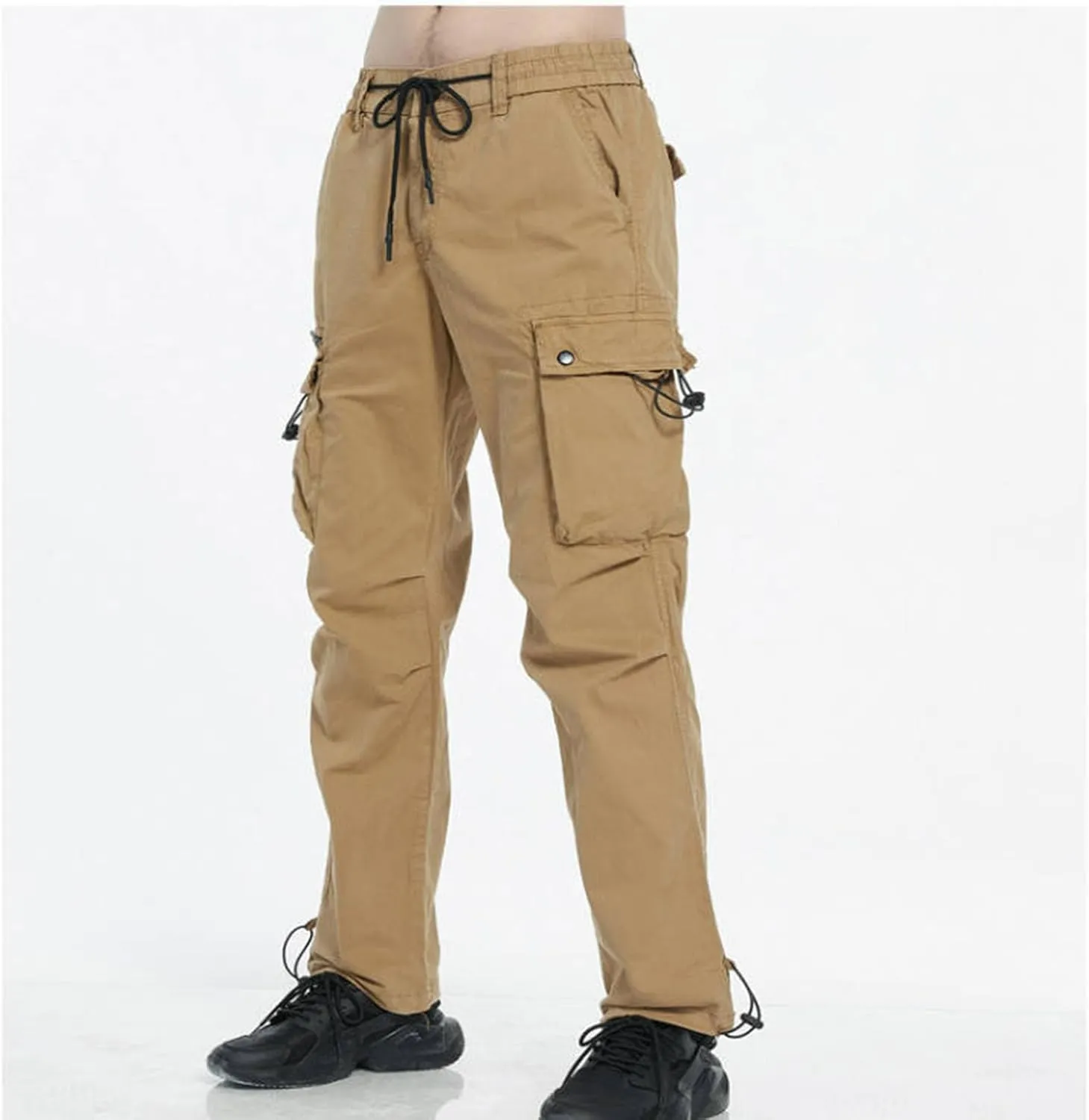 Aymnlox Mens Tapered Parachute Cargo Pants Solid Casual Slim Fit Cotton Sweatpants Elastic Waist Trouser with Flap Pockets