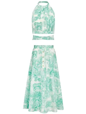 Backless Cropped Top and mid-Length Skirt Set with Toile de Jouy Print