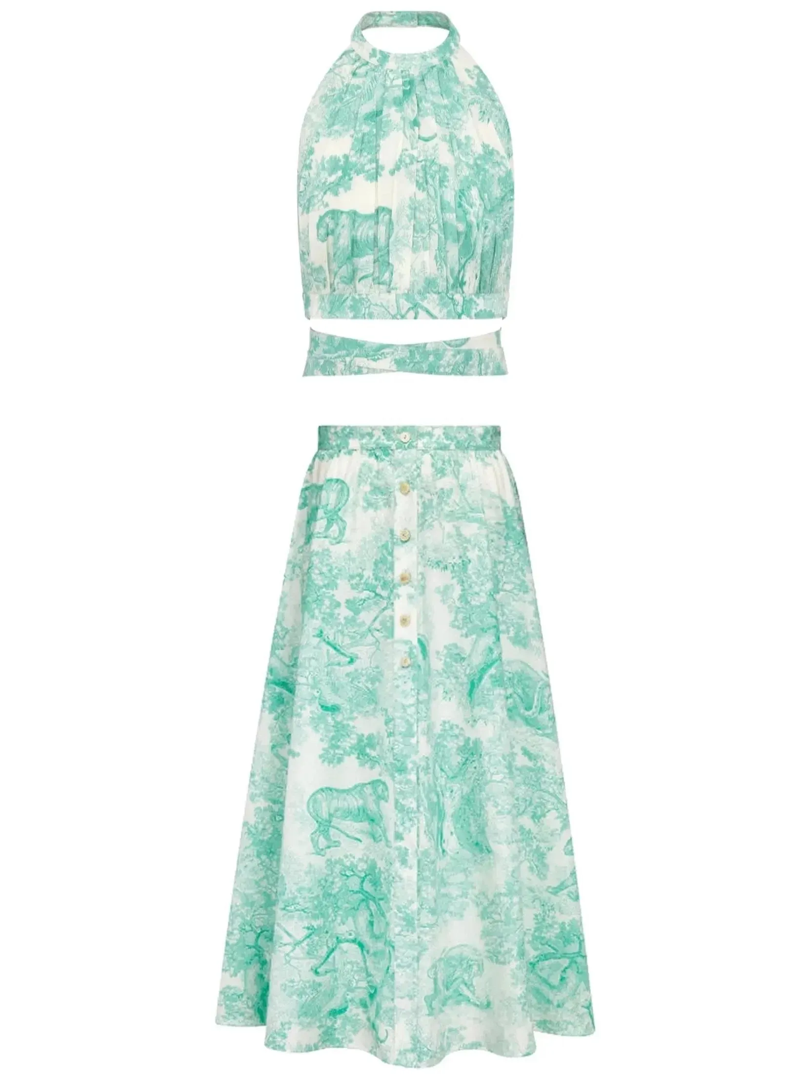 Backless Cropped Top and mid-Length Skirt Set with Toile de Jouy Print